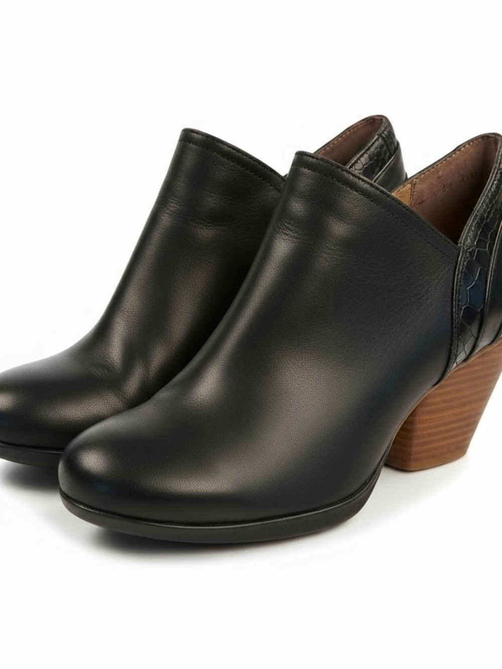 Dansko Black Leather Ankle Booties with Wood Block Heel